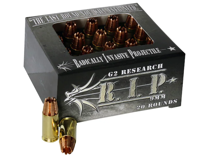 Shop G2 Research R.I.P. 9mm Luger Ammo 92 Grain G2 R.I.P. Fragmenting Hollow Point Lead Free Box of 100 rounds Shop G2 Research R.I.P. 9mm Luger Ammo 92 Grain G2 R.I.P. Fragmenting Hollow Point Lead Free Box of 100 rounds - Handguns - Illinois Gun Shop