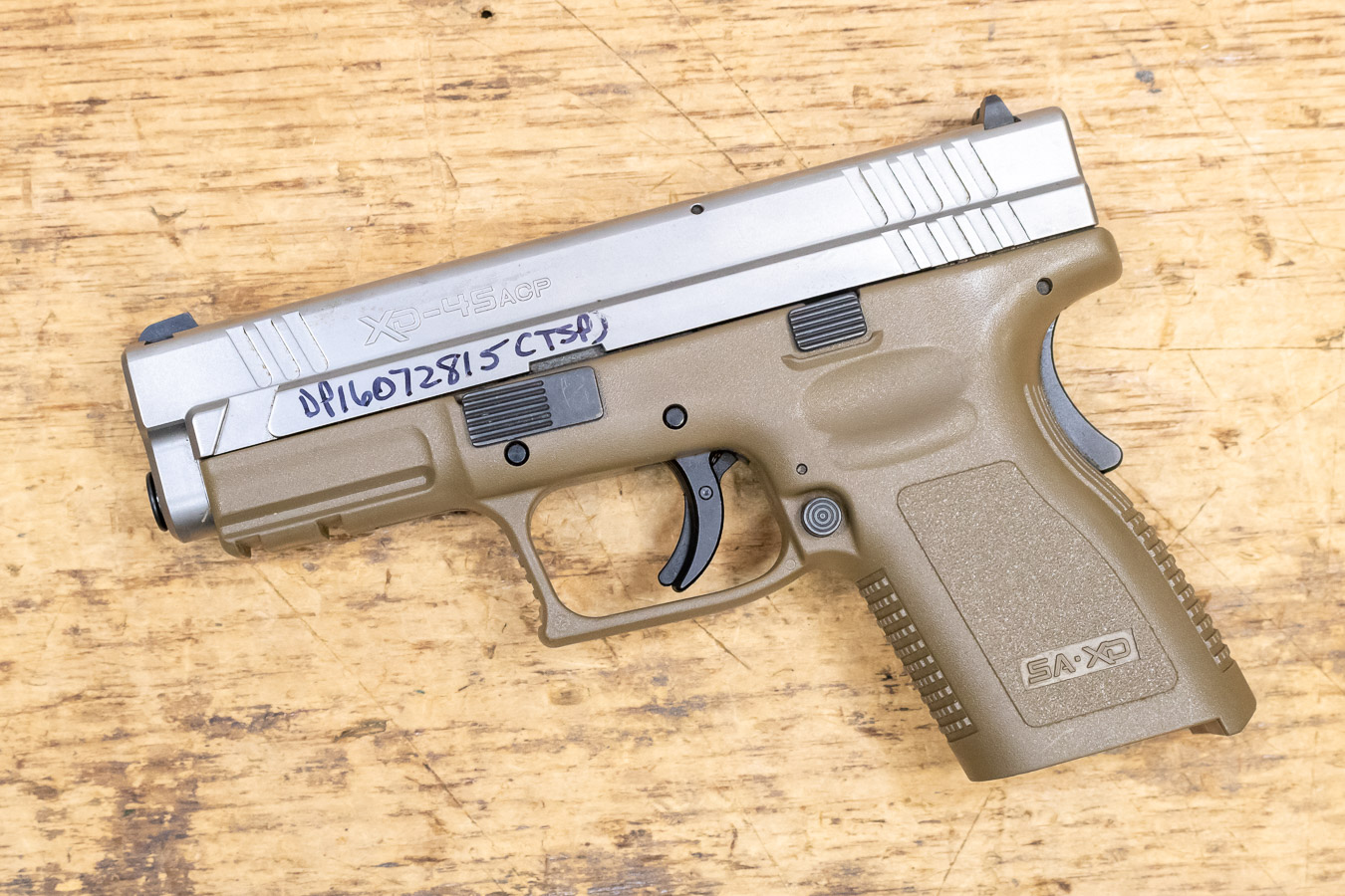 Springfield XD-45 45 ACP Compact Police Trade-in Pistol with FDE Frame and Silver Slide (No Springfield XD-45 45 ACP Compact Police Trade-in Pistol with FDE Frame and Silver Slide (No - Pistols - Illinois Gun Shop